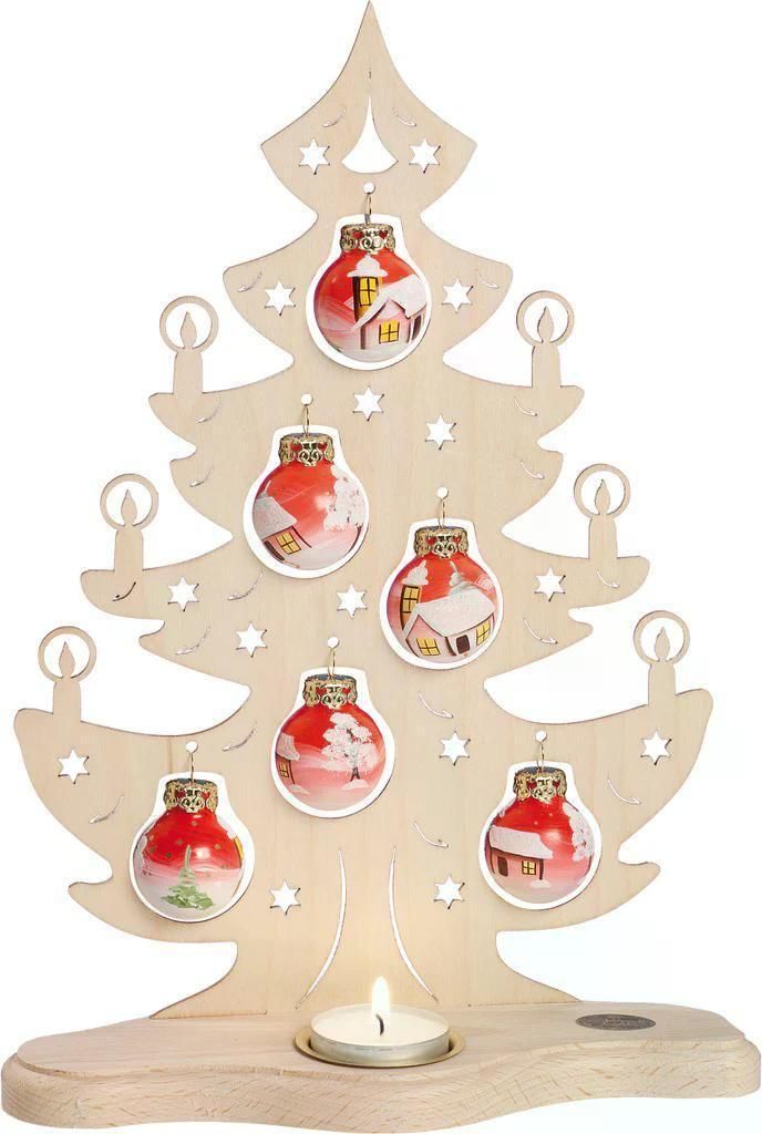 Leuchter Tannenbaum mit roten Glaskugeln & Teelichthalter BxHxT 21x30,5x8,5cm NEU