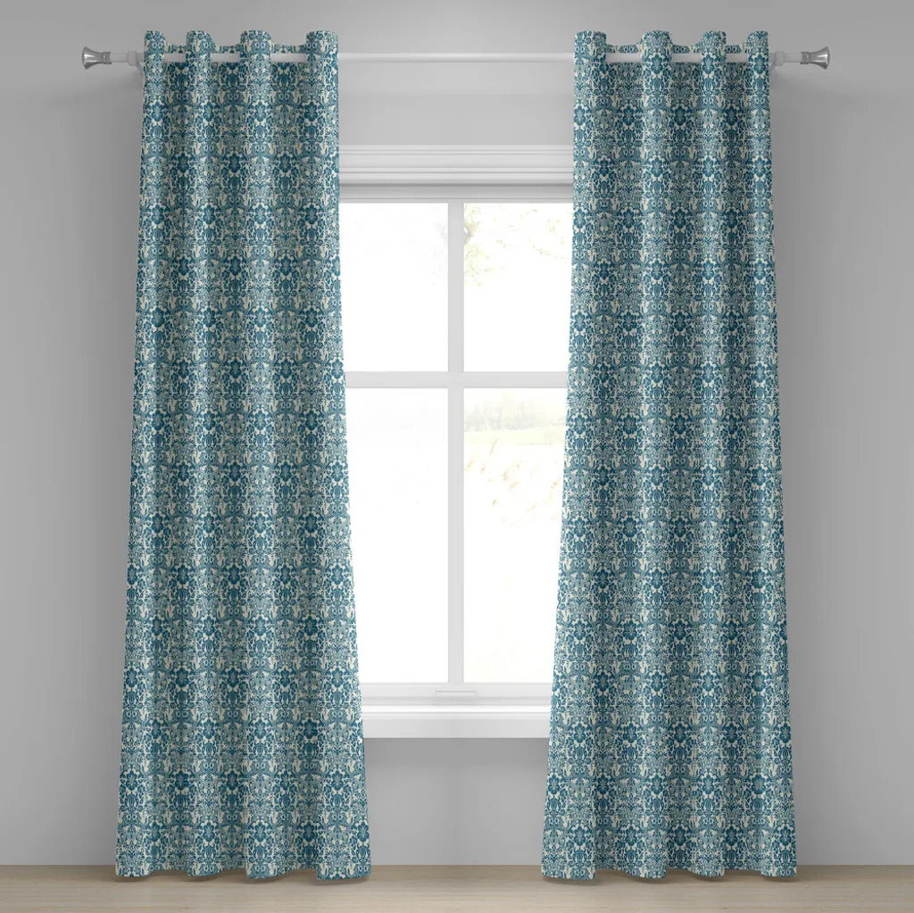 Paire de rideaux décoratifs damas bleu et ivoire pour grand salon 280x245