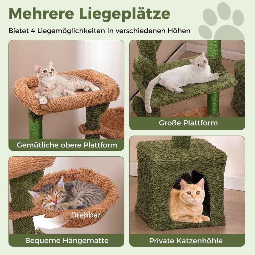 Kratzbaum Kaktus Katzenbaum mit Plattformen Hängematte Katzenhöhle Grün+Braun (81cm hoch)