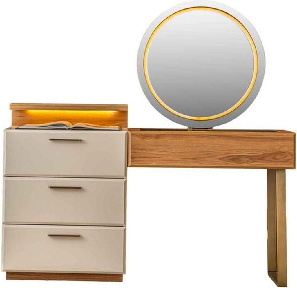 Braun-Weiße Schlafzimmer Garnitur Schminktisch Polsterhocker Spiegel