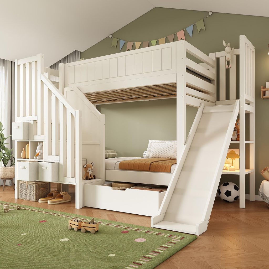 MODFU Etagenbett 90x200 Kinderbett mit Rutsche Leiterschrank 6 Fächer 3 Stoffschubladen,Doppelbett mit Rollschubladen und Regal,Kinderzimmer,ohne ...