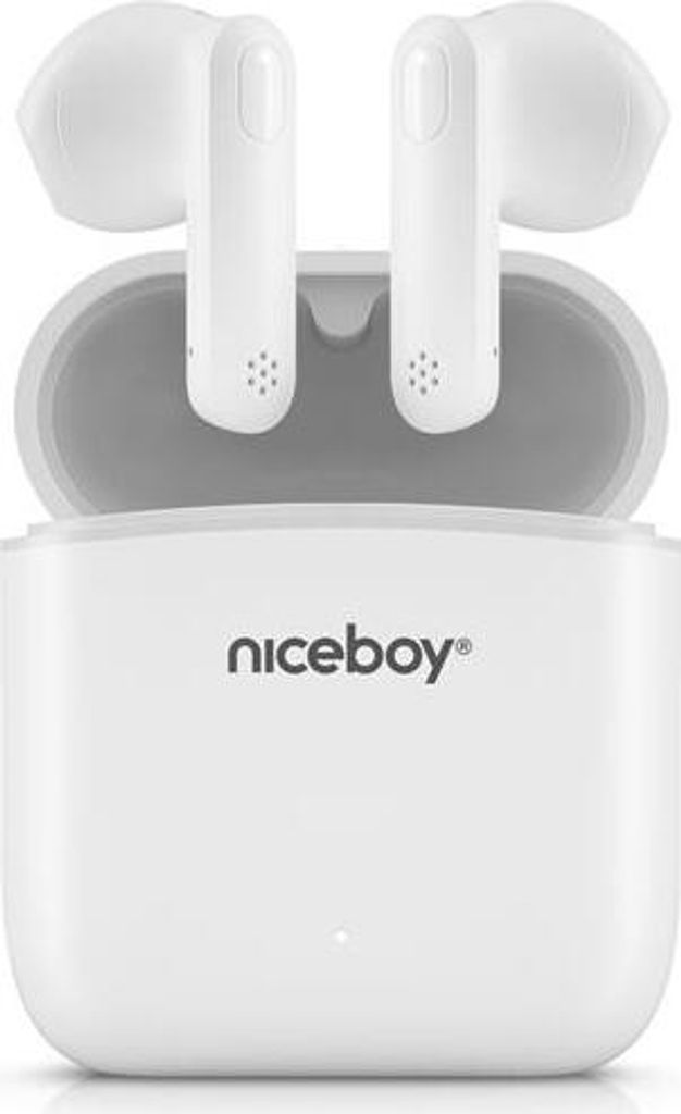 A pair of white wireless earbuds in their charging case.