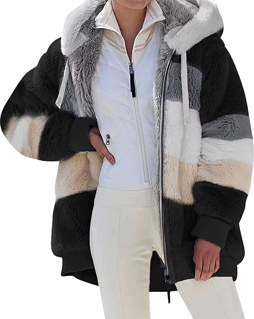 ASKSA Damen Fleecejacke Strickjacke Einfarbig Reißverschluss Kunstpelzjacke mit kapuze, A-Schwarz, M