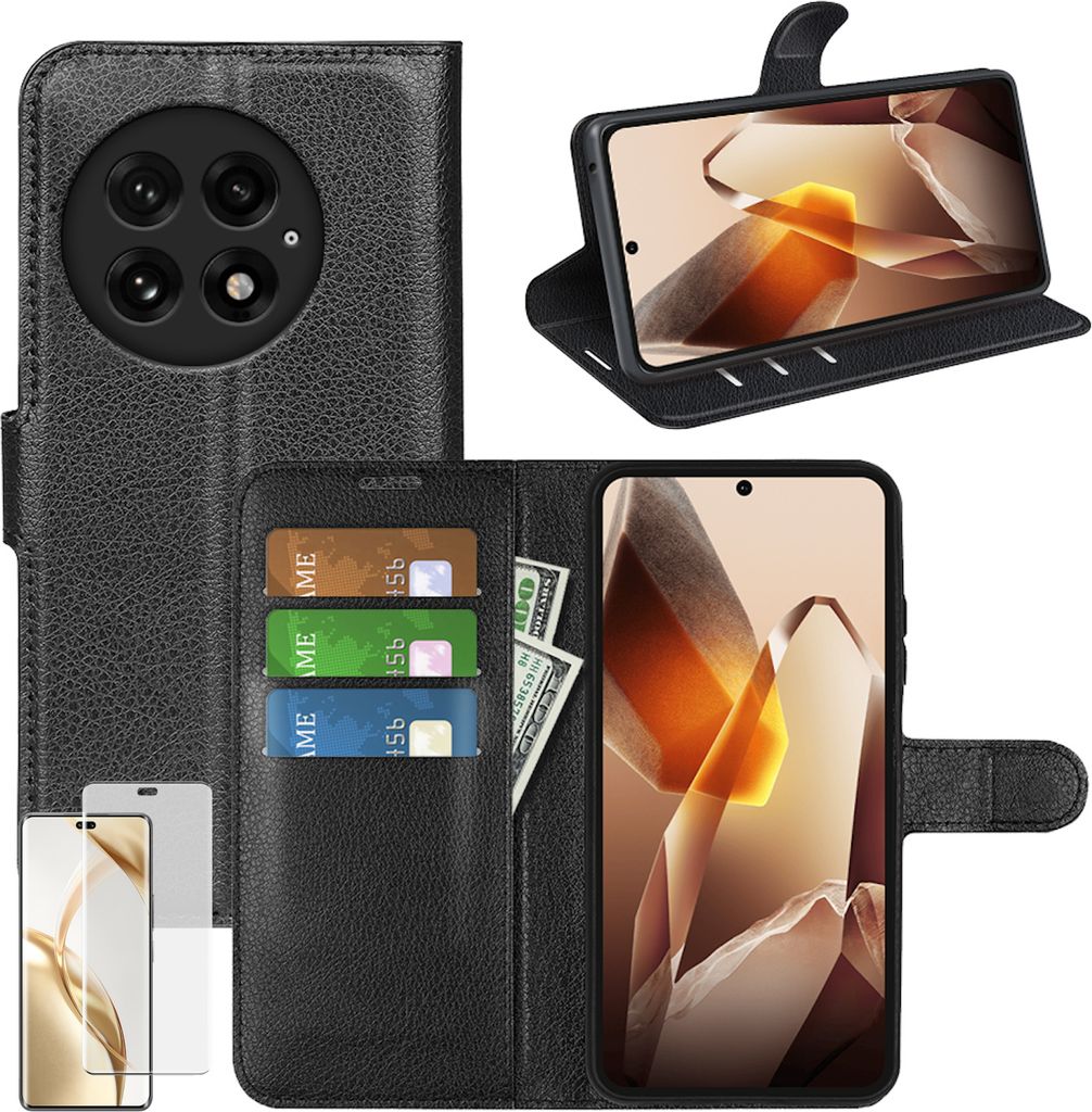 Für OnePlus 13R Handy Tasche Schwarz Etuis Kunst-Leder Hülle Case + 4D Curved H9 Hart Glas