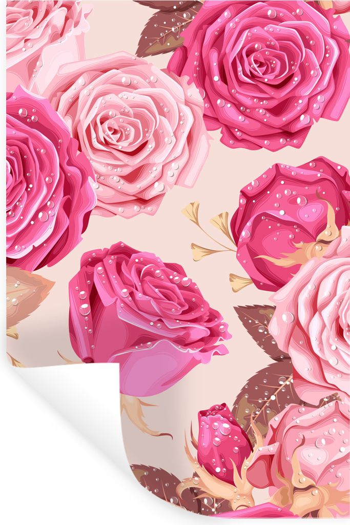 MuchoWow Wandtattoo Wandsticker Wandaufkleber Rosen - Blätter - Rosa - Tropfen 80x120 cm Selbstklebend und Repositionierbar - Repositionierbar -...
