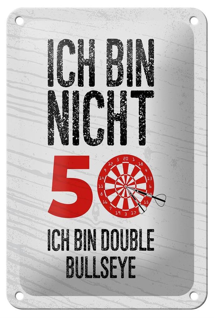 Blechschild Dart bin nicht 50, Double Bullseye, 18 x 12 cm, Blechschilder Spruch Sport Hobby