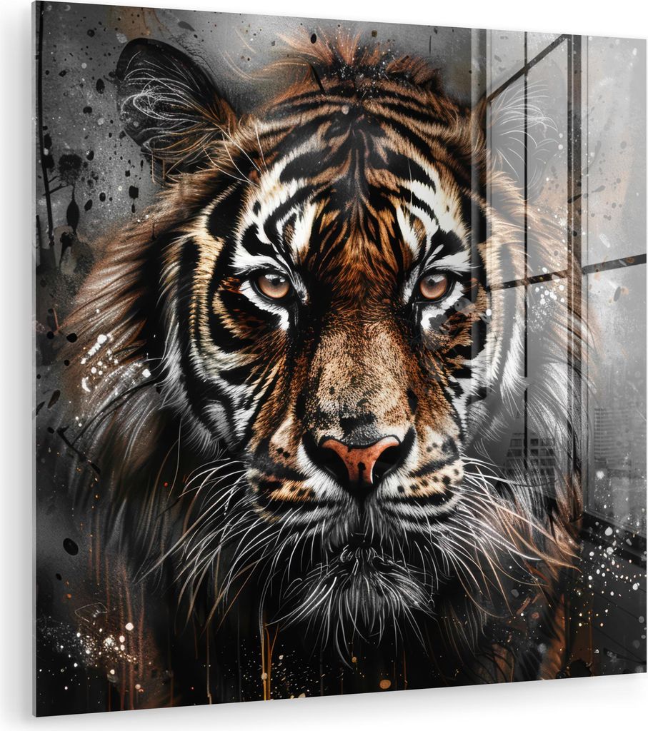 MuchoWow Glasbilder - Bilder auf Wandbild - Foto auf Glas Tiger - Tiere - Porträt - Luxus - Schwarz 90x90 cm Wanddekoration aus Glas - Acrylglasbi...