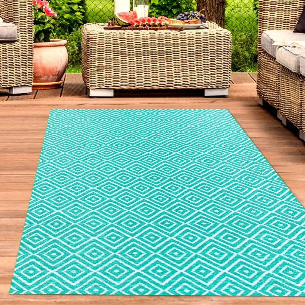 Tapis pour salon de jardin pétrole motif losange 150x220 lavable