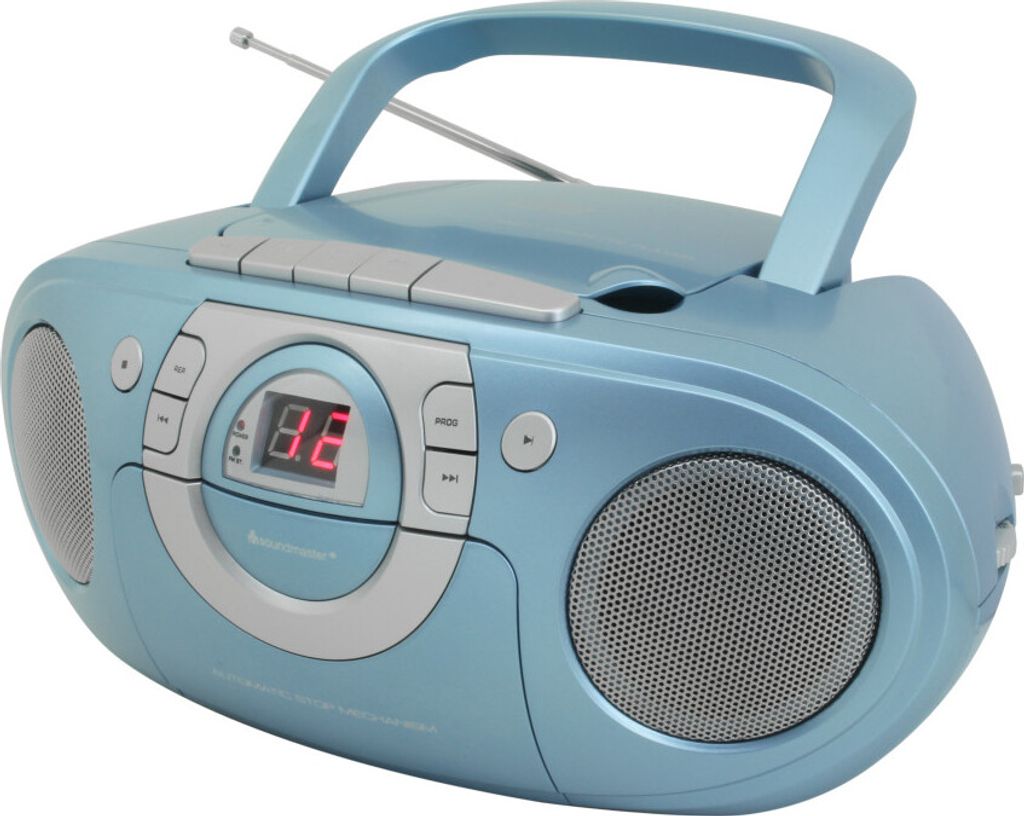 A blue boombox with a CD player and radio display.