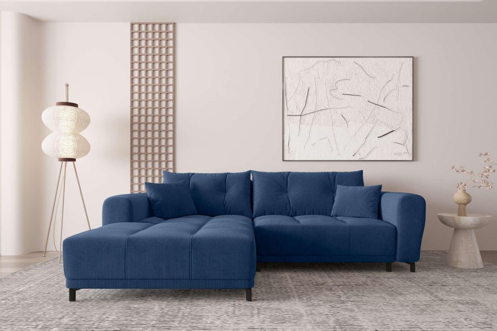 99rooms Massimo Ecksofa Cordstoff POSO Blau mit Schlaffunktion Links