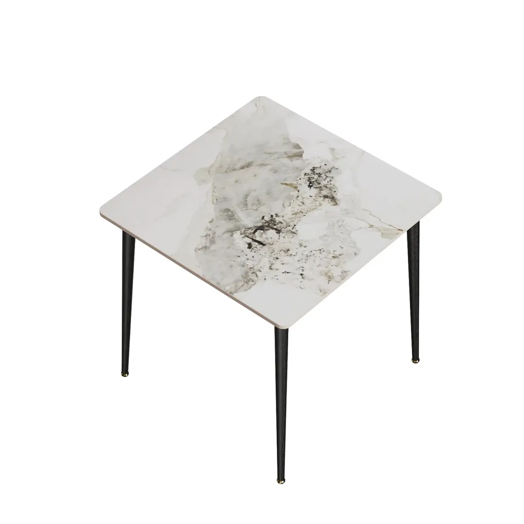 Table design marbre blanc et métal vert émeraude avec plateau carré