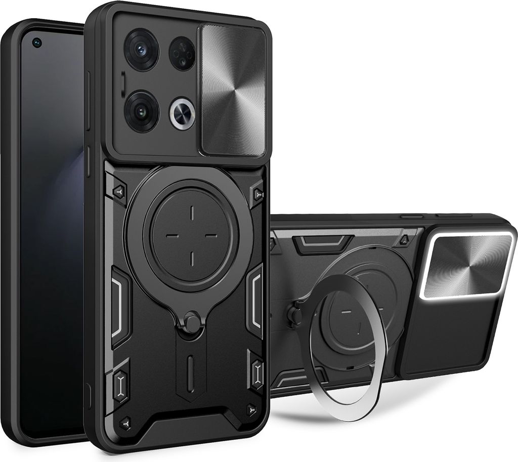 Handyhülle für Oppo Reno8 Pro Dual-Layer Stoßfest Rüstung Hülle mit Dia Kameraschutz und Kreisförmig Ring Ständer Schwarz