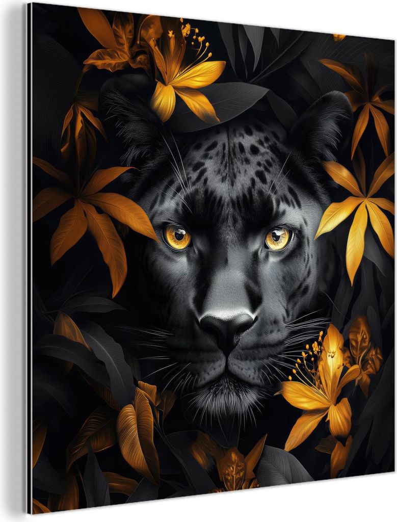 MuchoWow Wanddekoration Metall Metallbild Wandkunst 50x50 cm Schwarzer Panther - Blumen - Gold - Natur - Feline MuchoWow Aluminium Gemälde - Alubi...