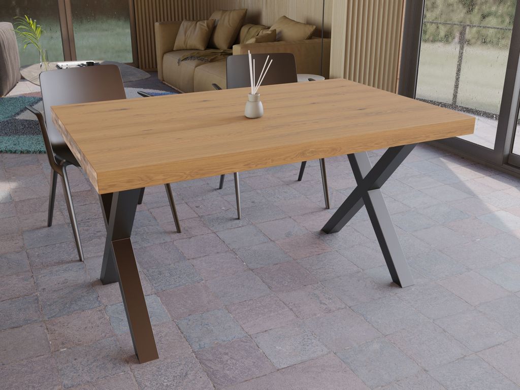 Antonio NORD Esstisch Massivholz Naturfarbe 140x90x75cm, Wohnzimmertisch, X-Metallgestell Schwarz, Holzqualität-Rustikal, Handgefertigt, Industrial