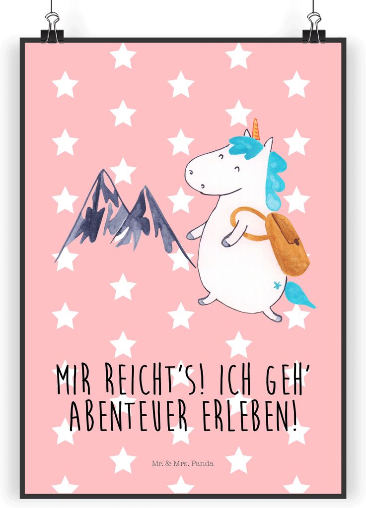 Mr. & Mrs. Panda drucke Einhorn Bergsteiger DIN A3 - Rot Pastell - Geschenk, Weltenbummler, Urlaub, Plakat, Kunstdruck, Entdecker, wanddeko, Wandde...