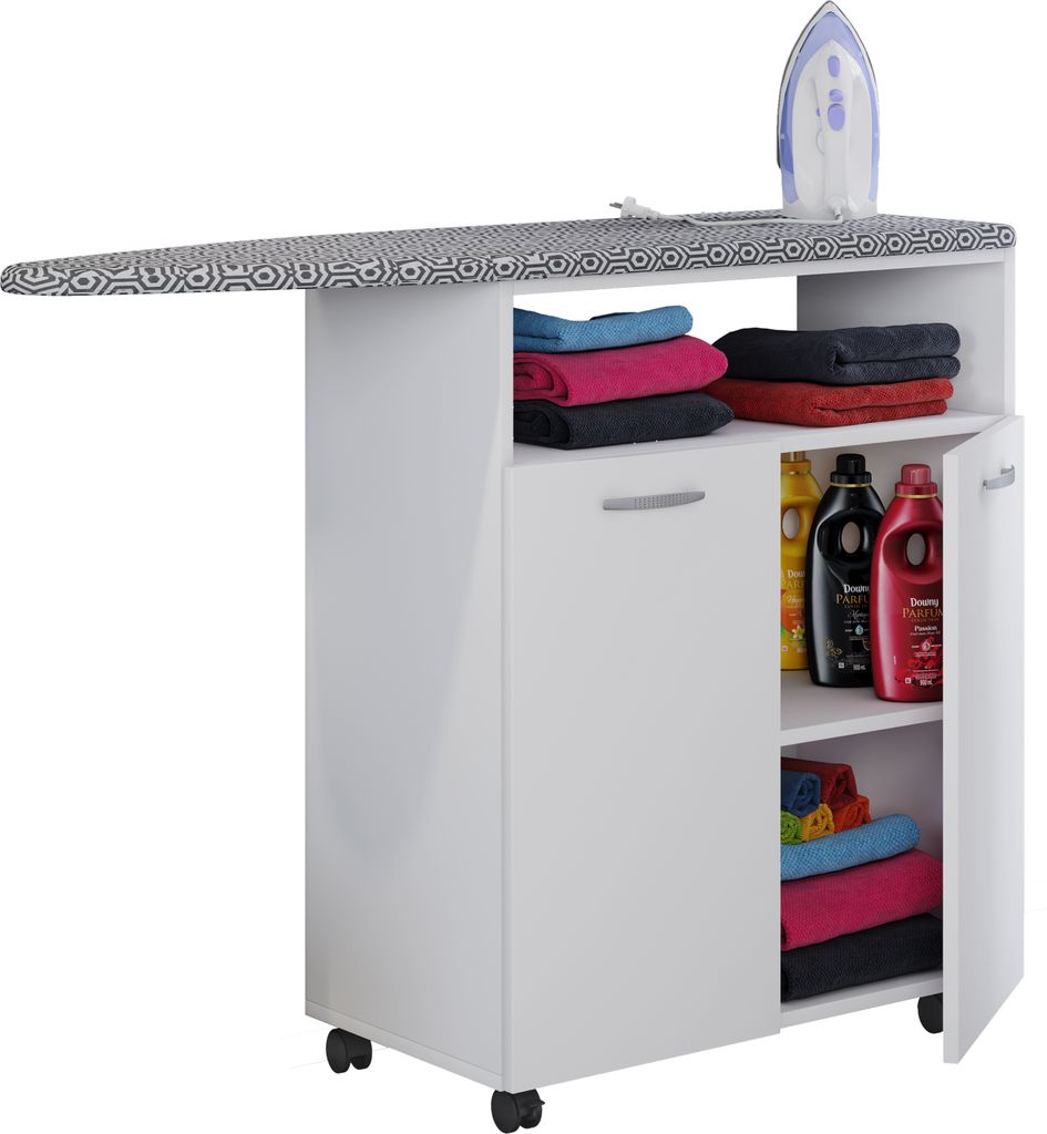 A white ironing board and storage unit with laundry supplies and folded towels.