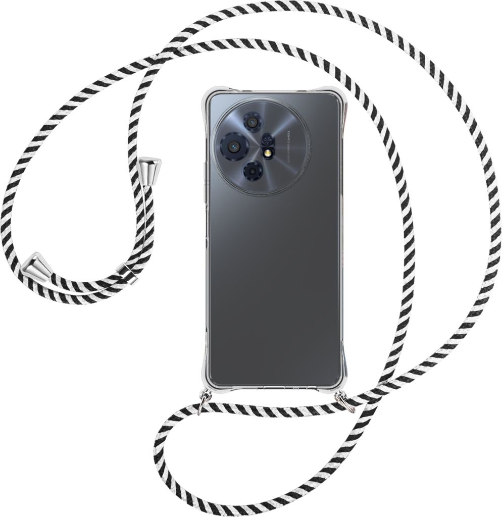 Handykette Backcover-Schutzhülle mit Band (Metall silberfarben) für TCL 50 XL Nxtpaper 5G - schwarz/weiß gestreift