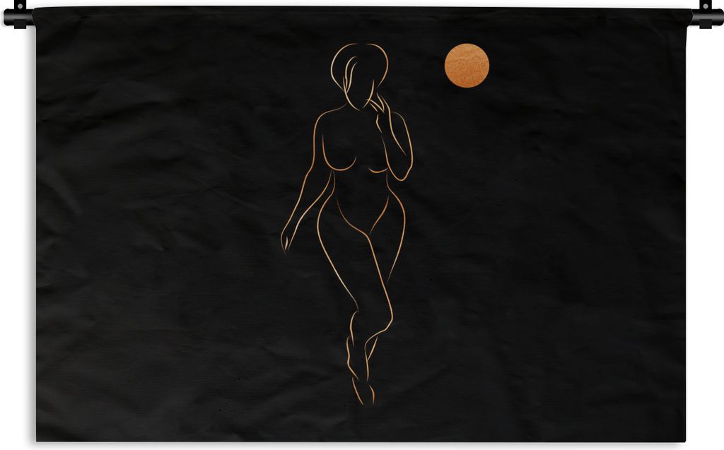 MuchoWow Wandteppich Wandbehang Frau - Mond - Schwarz - Strichzeichnung 120x80 cm Tapisserie Dekoration Wandtuch - Wanddekorationen - Wandtücher