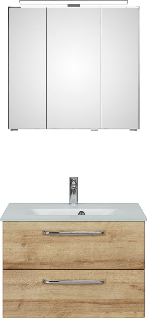 Waschplatz Badezimmer mit Glaswaschbecken TRENTO-66 in Riviera Eiche Nb., B/H/T: ca. 77/200/50 cm