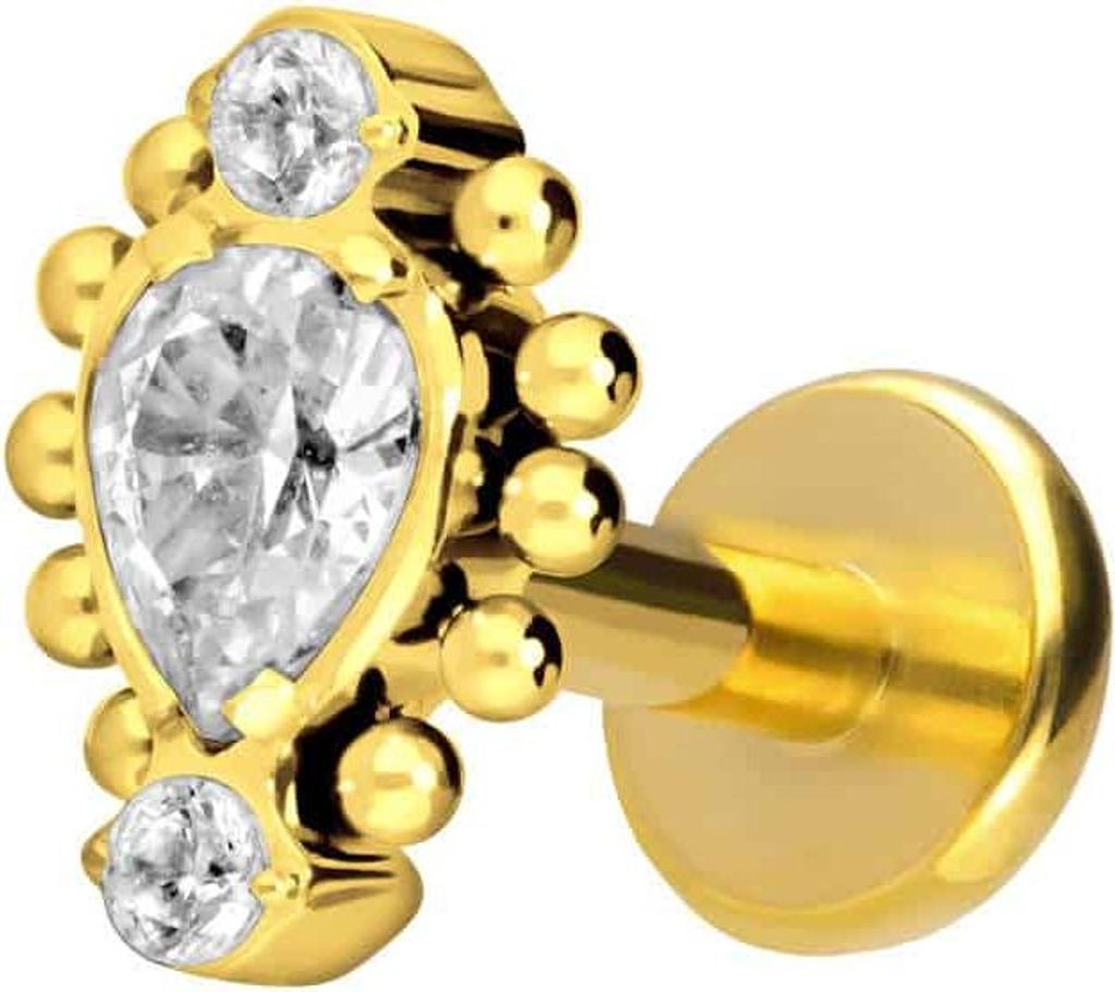 Ohrpiercing, Nasenpiercing Titan Labret mit Push Fit 3 EINGEFASSTE KRISTALLE + KUGELN Gold Stablänge: 6mm | Stabstärke: 1,2mm