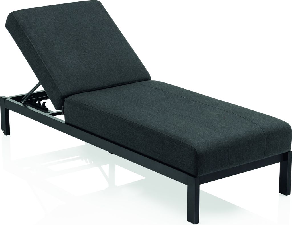 A dark gray chaise lounge with a black metal frame is shown against a white background.
