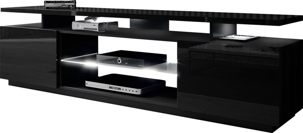 MIRJAN24 TV-Lowboard Eva, RTV-Schrank vom Hersteller, TV-Möbel, Stilvoll Wohnzimmer (Schwarz / Schwarz Hochglanz, mit LED Beleuchtung)