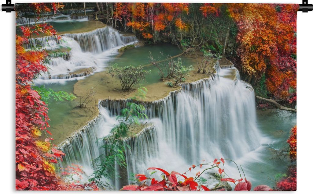 MuchoWow Wandteppich Wandbehang Bäume - Wasserfall - Herbst - Natur 90x60 cm Tapisserie Dekoration Wandtuch - Wandskulpturen - Bildteppich
