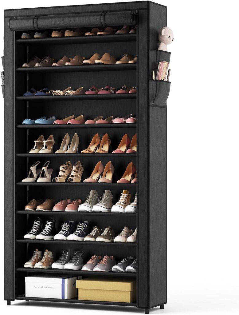 Schuhregal mit 11 Ebenen, hoher Schuhschrank für 50 Paar Schuhe, Aufbewahrungsschrank mit Staubschutzhaube, Schuhorganizer aus Metall, Schwarz, f...