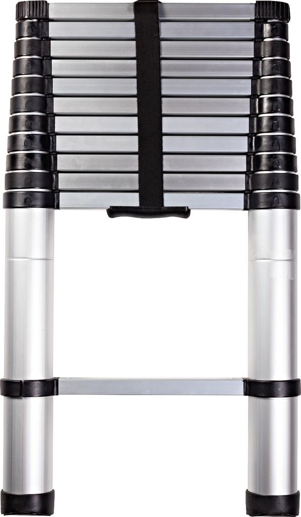 A close-up, front-facing view of a collapsed telescopic ladder against a white background.