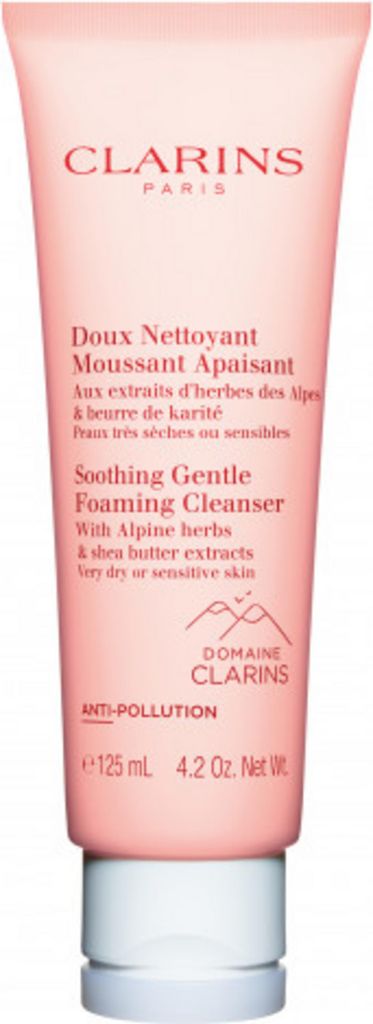 A pink tube of Clarins Soothing Gentle Foaming Cleanser.