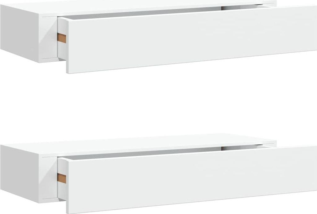 Two white wall-mounted shelves with open drawers are shown against a white background.