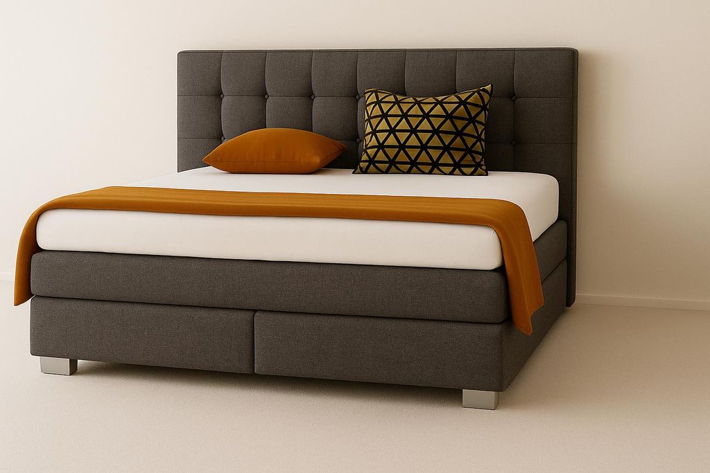 Boxspringbett VERONA 140 x 200 cm mit zwei 7-Zonen-Taschenfederkernmatratzen und gepolstertem Kopfteil. Farbe Grau