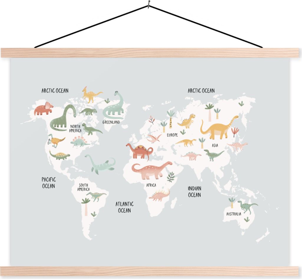 MuchoWow Textilposter Kinderzimmer - Weltkarte - Dinosaurier 150x113 cm mit holzfarbenen Rahmen - Poster