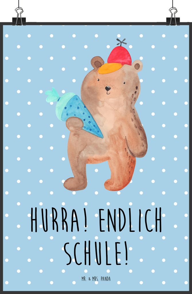 Mr. & Mrs. Panda Bild Bär Schultüte DIN A1 - Blau Pastell - Geschenk, Erster Schultag, Wandbild, Einschulung, wandkunst, Grundschule, Deko, Teddy...