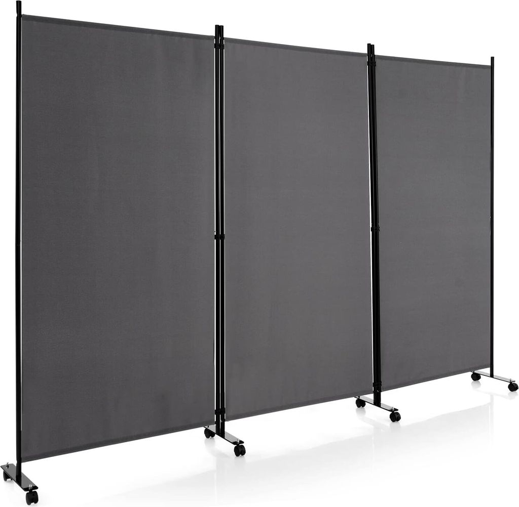 A three-panel room divider on wheels.