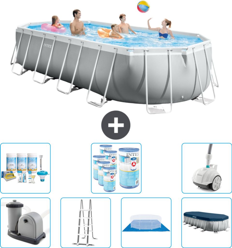 Intex Oval Prism Frame Swimmingpool – 610 x 305 x 122 cm – Grau – inklusive Pumpe – Leiter – Bodenplane – Abdeckung Wartungspaket - Fil...