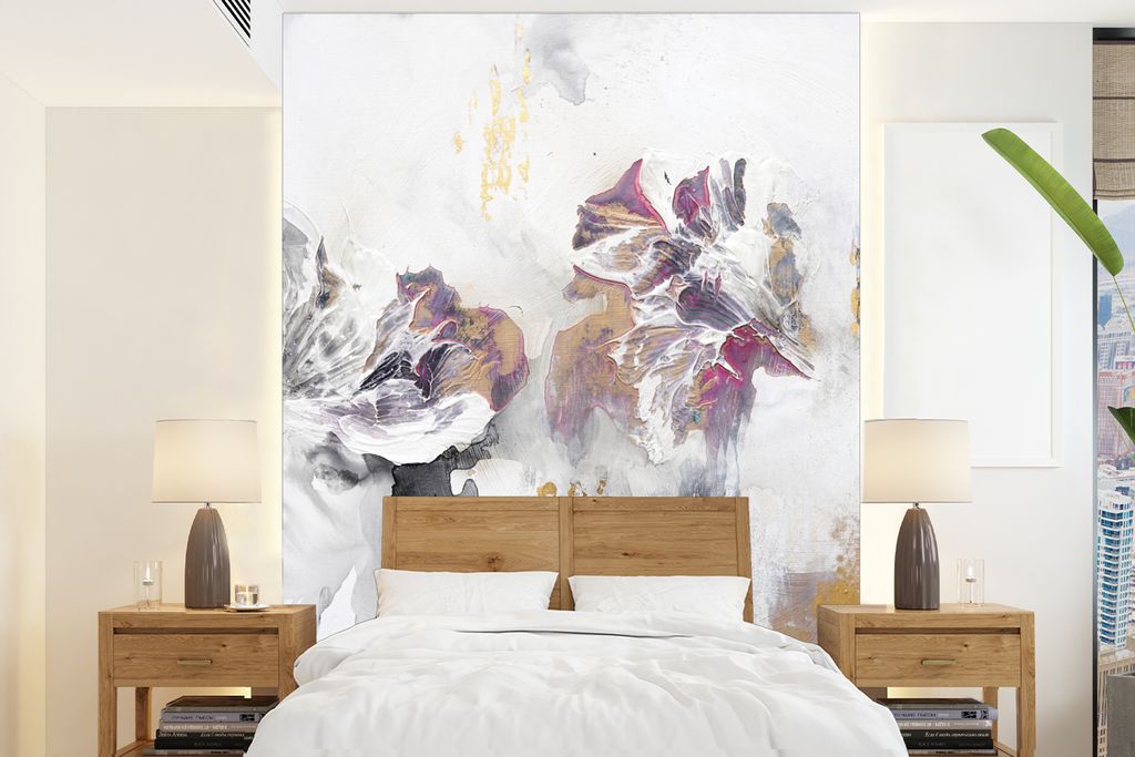 MuchoWow Fototapete für Wohnzimmer oder Schlafzimmer Wandtapete Vinyl Motivtapete Farbe - Farben - Weiß - Abstrakt- Gold - 205x280 cm - Wandbild