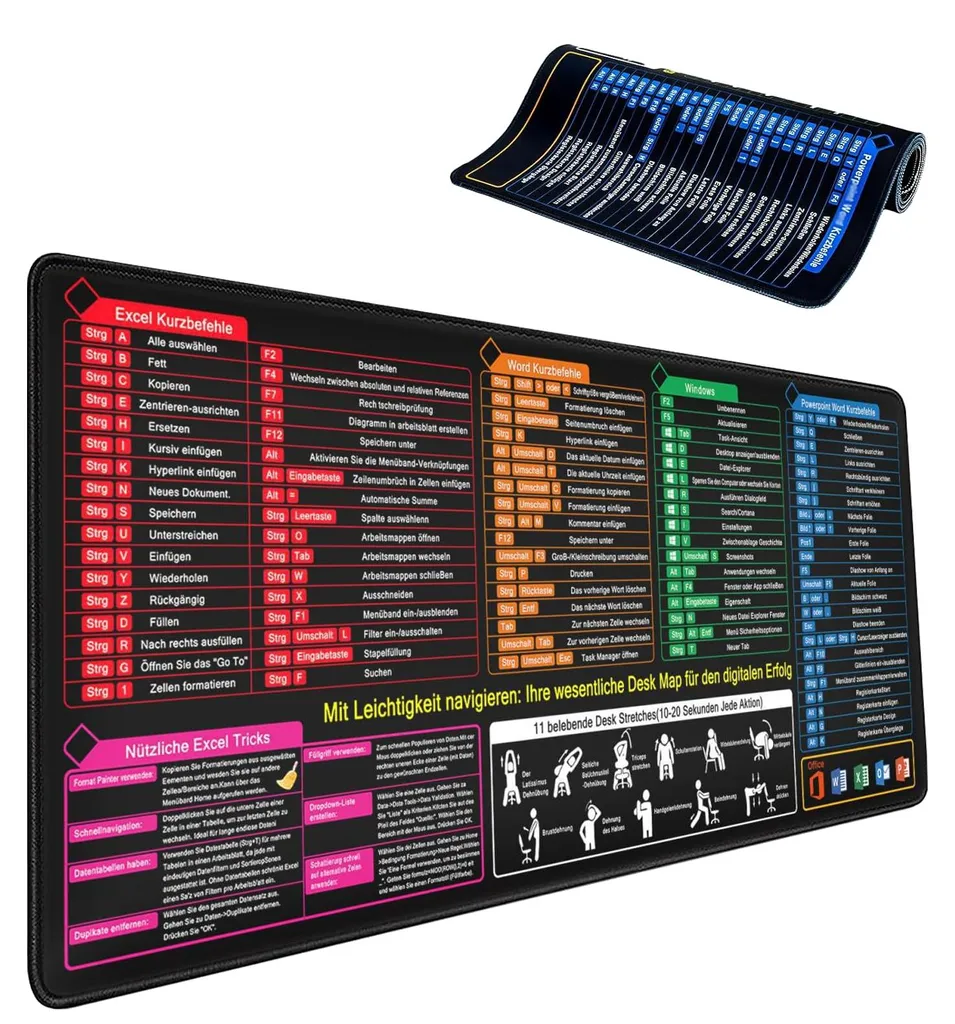Tapis de souris XXL 900x400 mm avec raccourcis Excel et Word en allemand