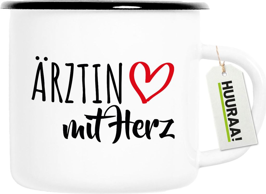 Huuraa Emaille Tasse Ärztin mit Herz 300ml Vintage Campingbecher Geschenkidee