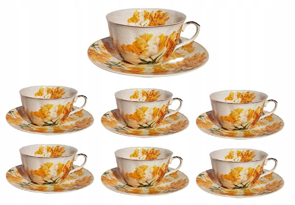 Tassen Set 6 Personen Porzellan Gelbe Blumen Goldrand Vintage Bone China Teetassen mit Untertassen Geschenkbox