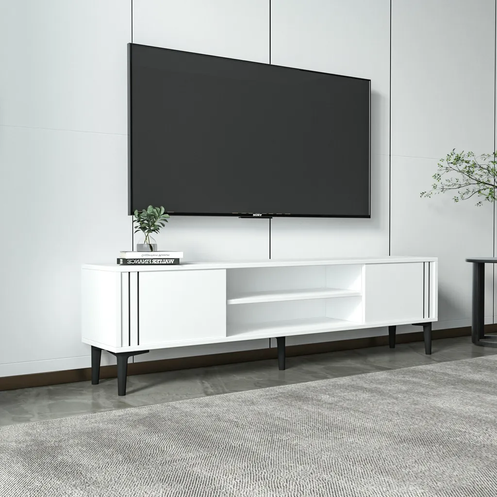 Petit Meuble TV Blanc 140 cm - Solution Rangement Salon Gain de Place
