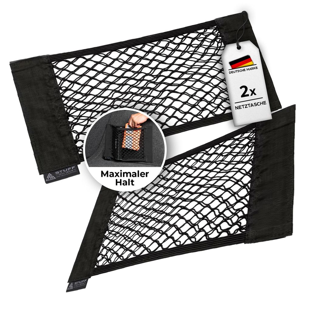 2er Set Auto Netz für Kofferraum mit sehr starkem Klett - Perfekter Halt auf Filz Kofferraumnetz - Netztasche als Organizer - Autonetz 38x25 cm