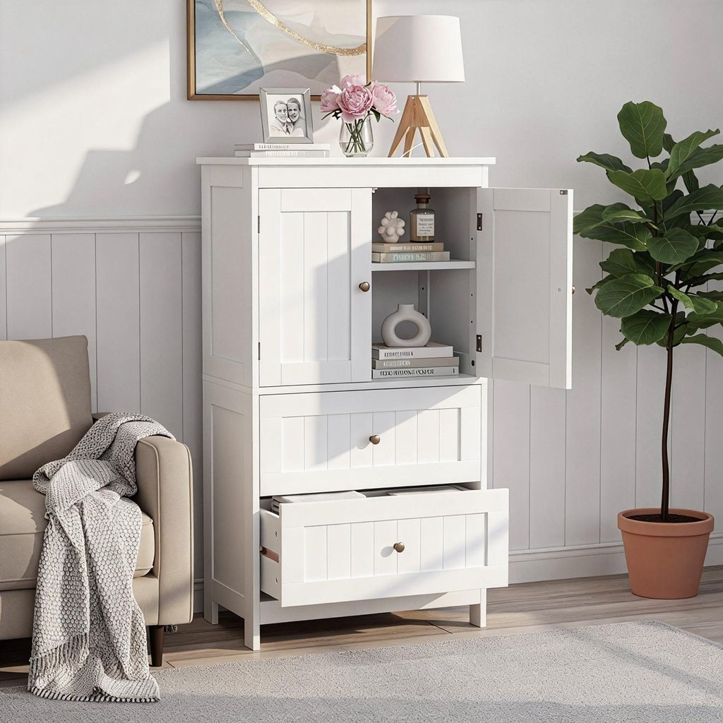 A white storage cabinet with two doors and two drawers, shown in a room setting with a sofa and a plant.