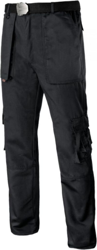 A pair of black cargo pants with a belt.