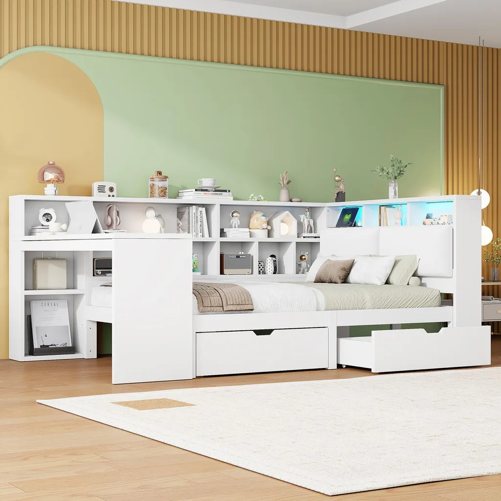 Lit Banquette 140x200 Bureau Intégré : Solution Rangement et LED - 2