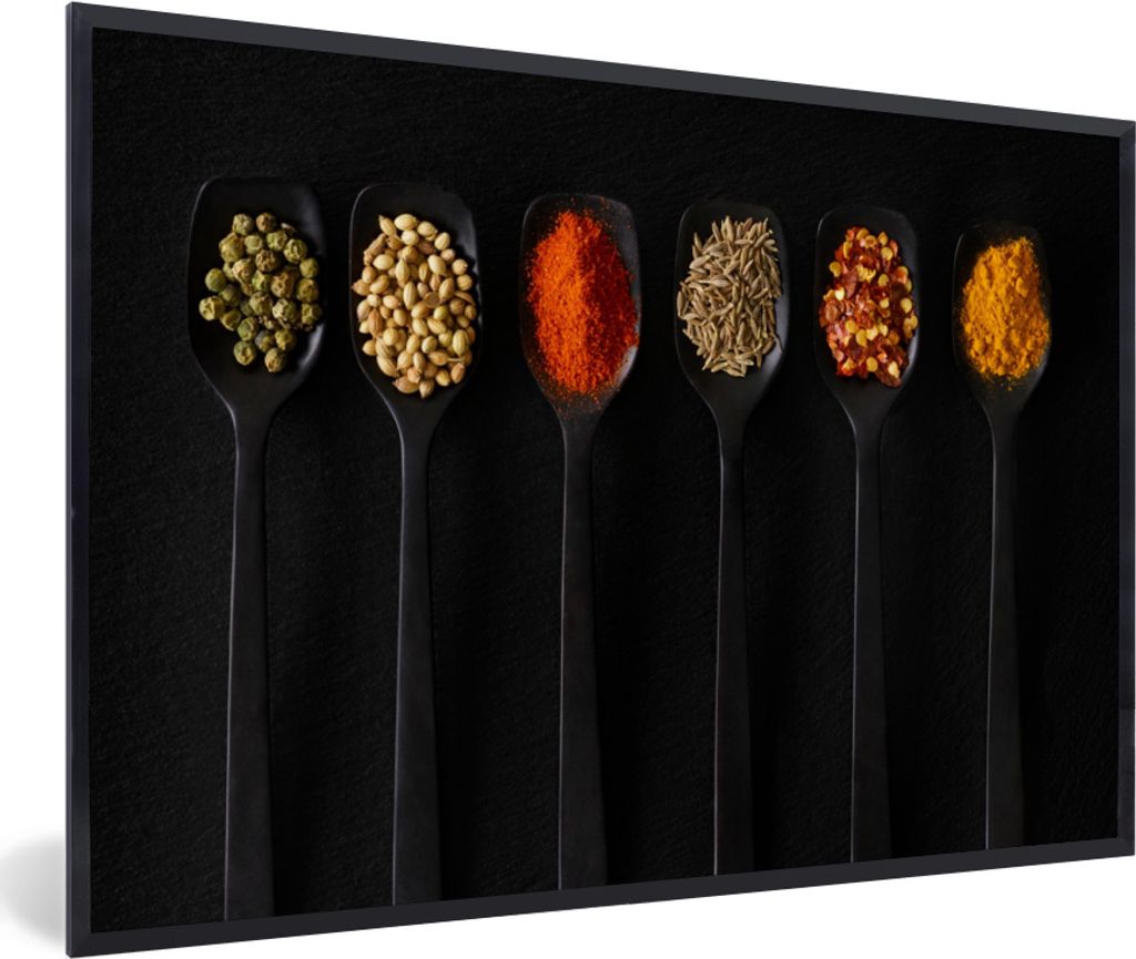 MuchoWow Gerahmtes Poster Löffel - Gewürze - Schwarz - Gewürze - Rustikal 30x20 cm - Poster mit Schwarzem Bilderrahmen Wandposter Rahmen Foto ...