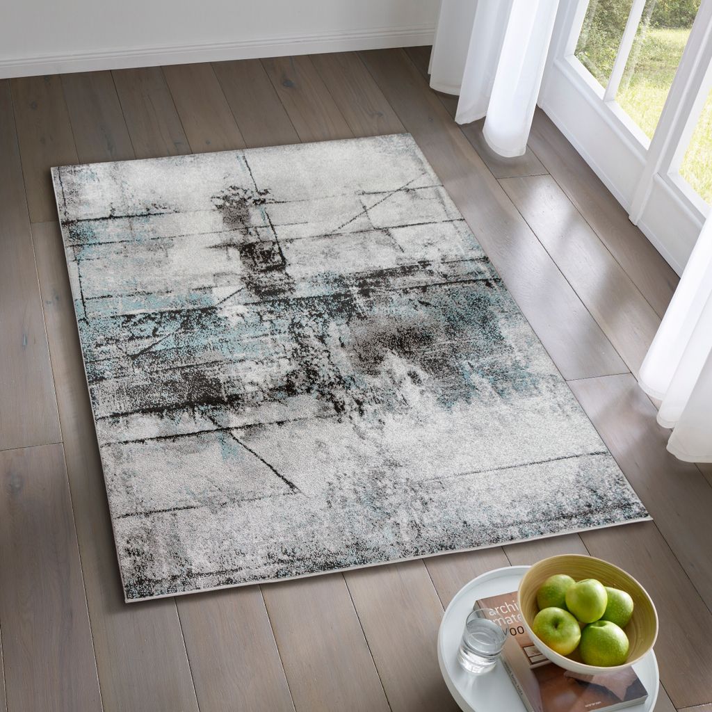 Kurzflor Teppich Designer Vintage I Moderne Kunst I Wohnzimmer Schlafzimmer Esszimmer | Vintage Blau