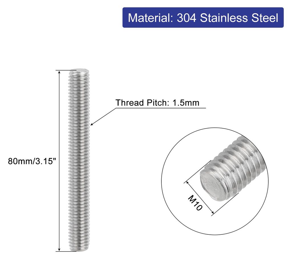 8 Stš¹ck Gewindestangen, M10 x 80mm, 304 Edelstahl, Gewindestab mit metrischem Vollgewinde, M10-1,5 Gewindestift fš¹r M?bel- und Maschinenmontage