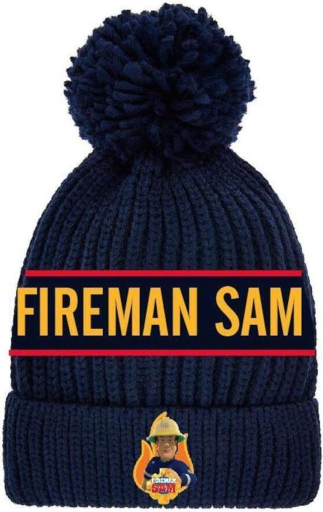 Warme Strickmütze Motiv Feuerwehmann SAM mit Bommel, Logo und Schriftzug, 52
