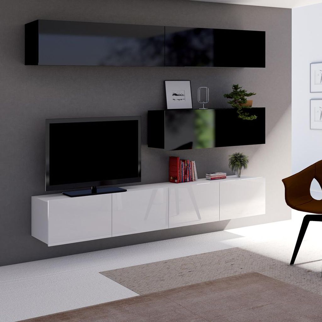 Moderne Wohnzimmer Wohnwand in schwarz & weiß Hochglanz CAIRNS-132, B/H/T ca. 210/200/43 cm